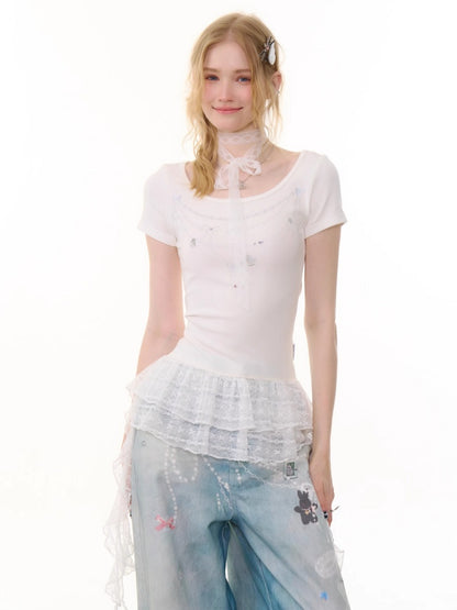 Chain Print Pleated Ruffle Hem Short Sleeve T-Shirt【s0000013082】