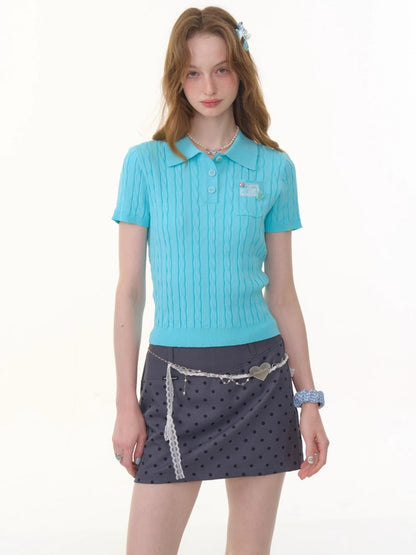 Cropped Polo Neck Cable Knit Patch Pocket Short Sleeve T-Shirt【s0000013083】
