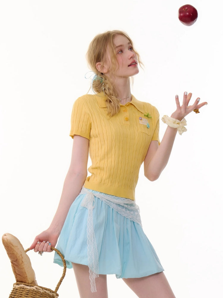 Cropped Polo Neck Cable Knit Patch Pocket Short Sleeve T-Shirt【s0000013083】