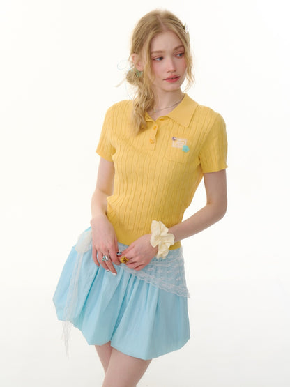 Cropped Polo Neck Cable Knit Patch Pocket Short Sleeve T-Shirt【s0000013083】