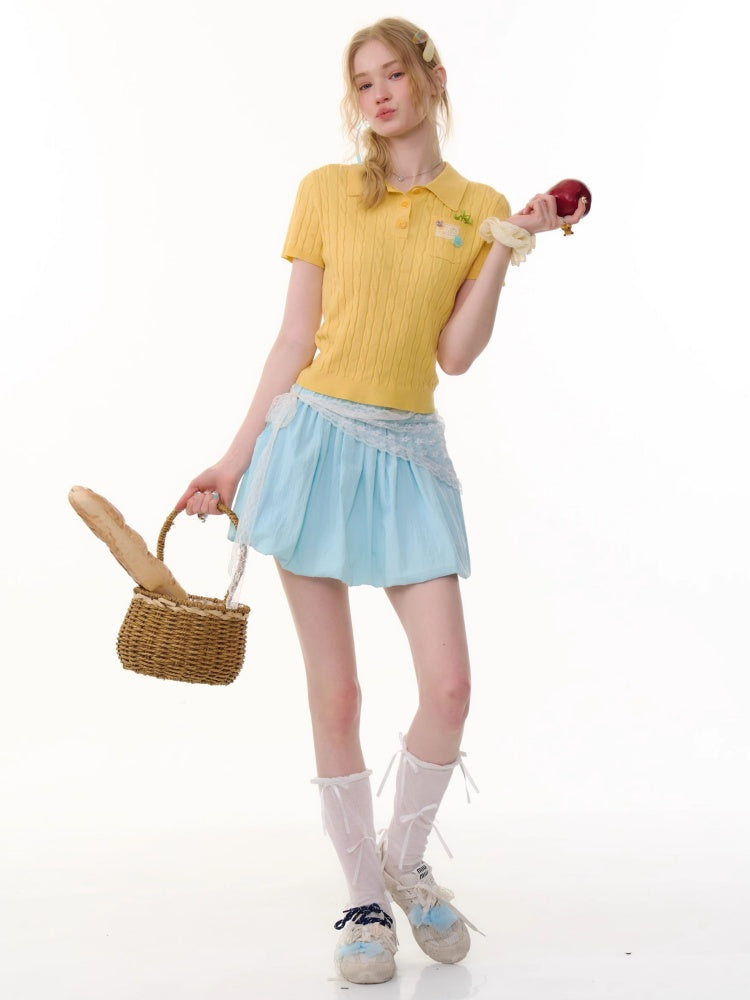 Cropped Polo Neck Cable Knit Patch Pocket Short Sleeve T-Shirt【s0000013083】