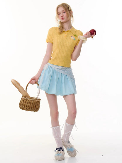 Cropped Polo Neck Cable Knit Patch Pocket Short Sleeve T-Shirt【s0000013083】