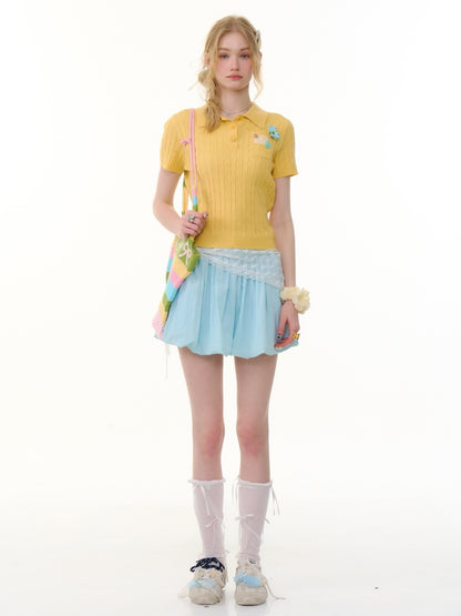 Cropped Polo Neck Cable Knit Patch Pocket Short Sleeve T-Shirt【s0000013083】