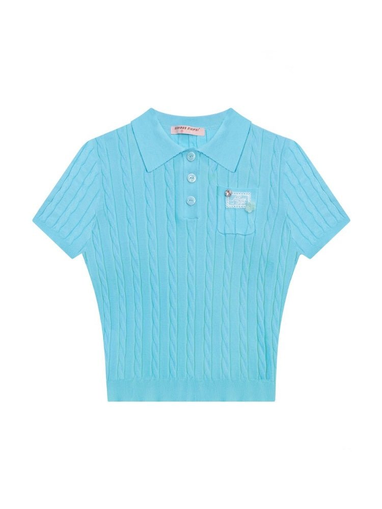 Cropped Polo Neck Cable Knit Patch Pocket Short Sleeve T-Shirt【s0000013083】