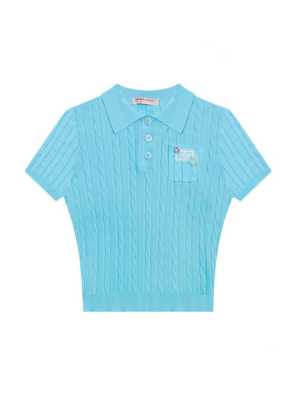 Cropped Polo Neck Cable Knit Patch Pocket Short Sleeve T-Shirt【s0000013083】