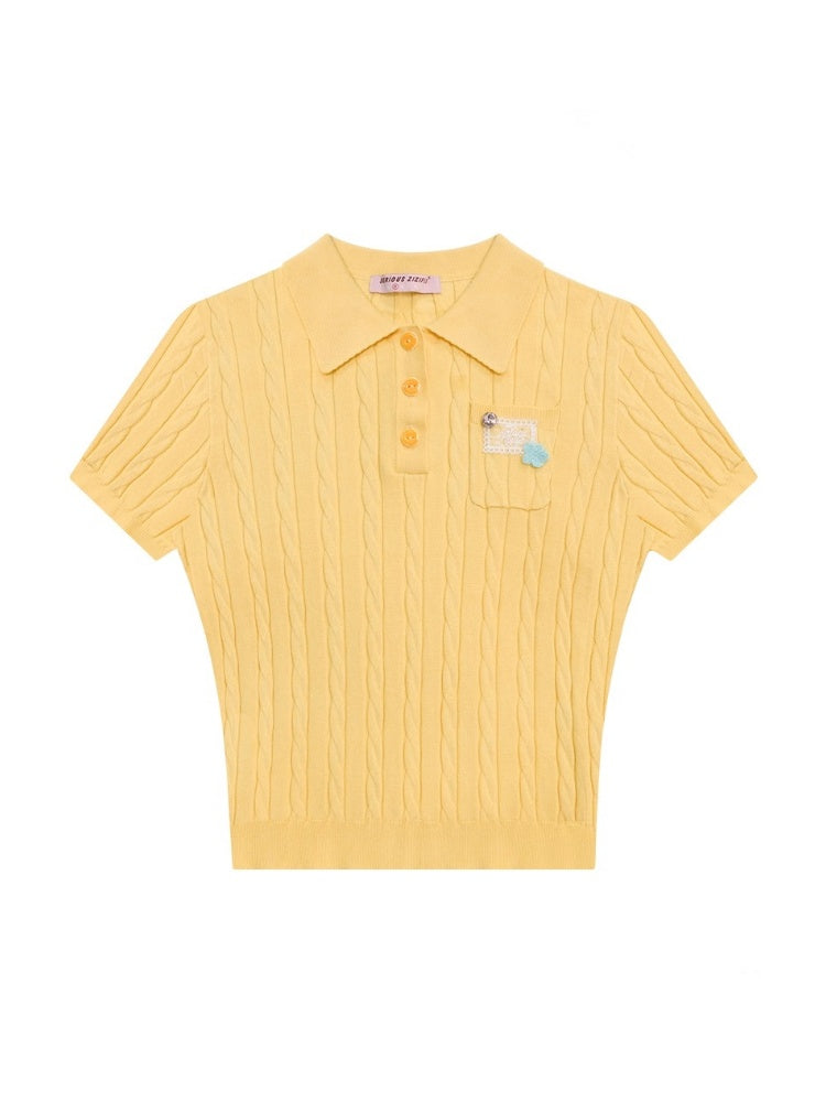 Cropped Polo Neck Cable Knit Patch Pocket Short Sleeve T-Shirt【s0000013083】