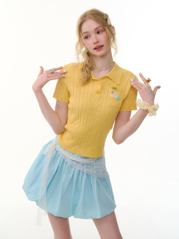 Cropped Polo Neck Cable Knit Patch Pocket Short Sleeve T-Shirt【s0000013083】