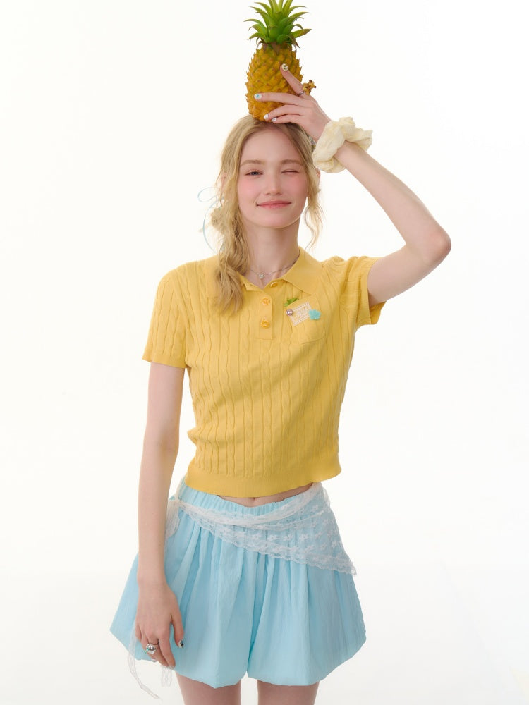 Cropped Polo Neck Cable Knit Patch Pocket Short Sleeve T-Shirt【s0000013083】