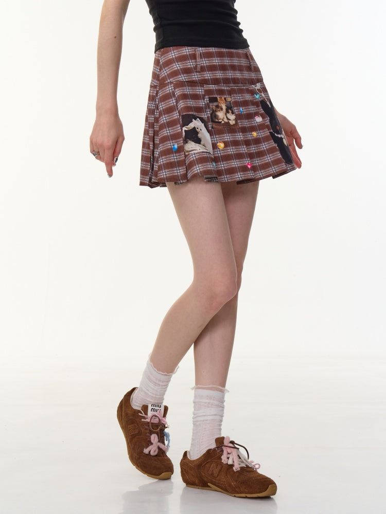 Animal Print Check High Waist Pleated Skirt【s0000013085】