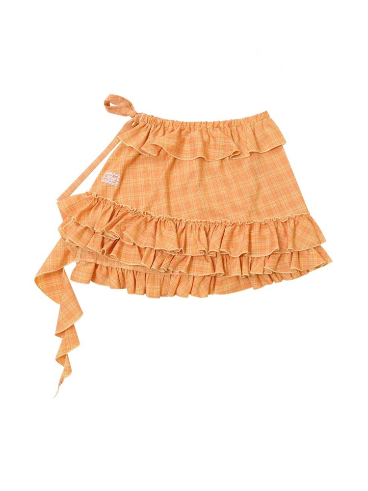 Plaid Irregular Pleated Ruffle Hem Layered Skirt【s0000013086】