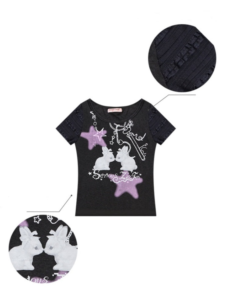 Rabbit Star Print Round Neck Short Sleeve T-Shirt【s0000013087】