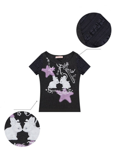 Rabbit Star Print Round Neck Short Sleeve T-Shirt【s0000013087】