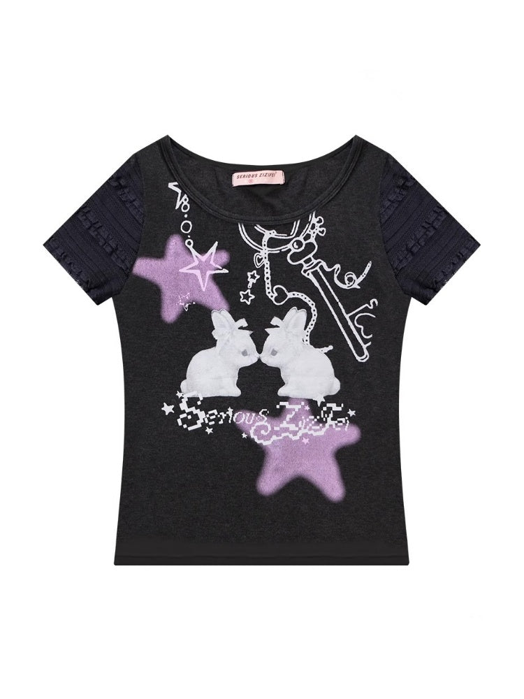 Rabbit Star Print Round Neck Short Sleeve T-Shirt【s0000013087】