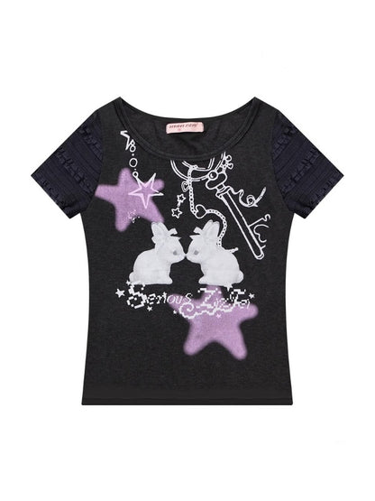Rabbit Star Print Round Neck Short Sleeve T-Shirt【s0000013087】