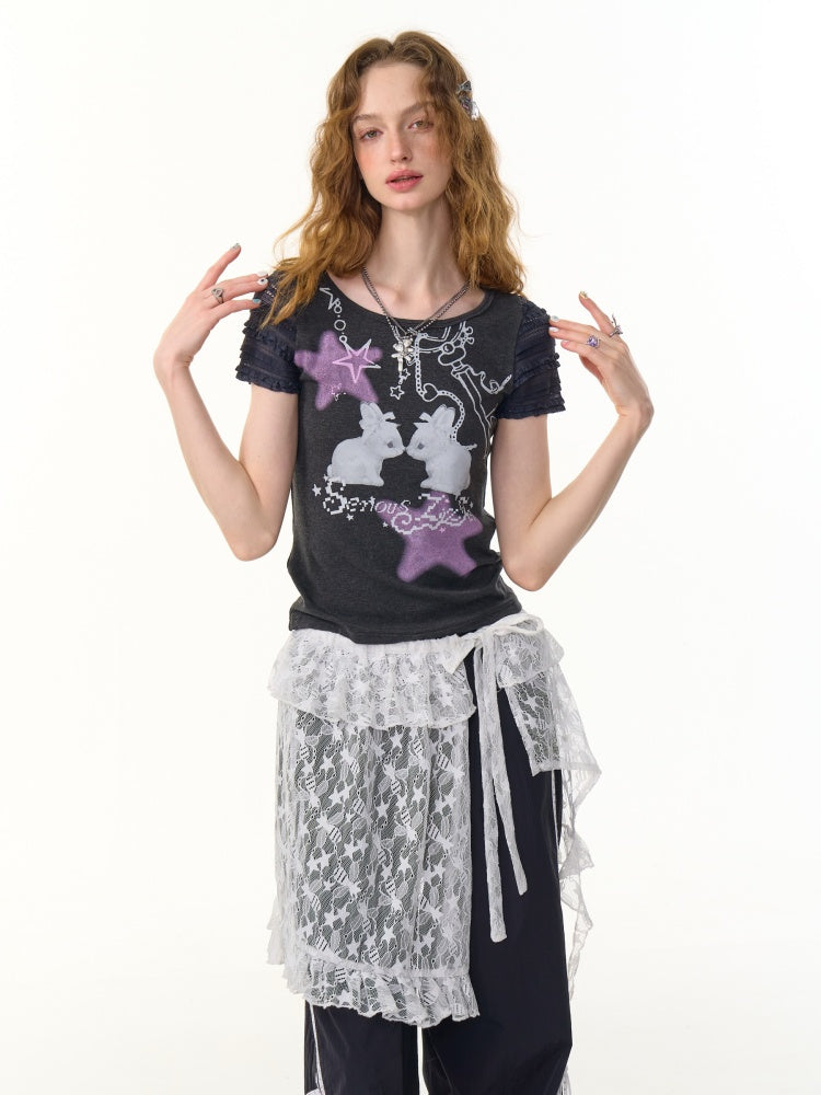 Rabbit Star Print Round Neck Short Sleeve T-Shirt【s0000013087】
