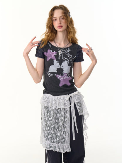 Rabbit Star Print Round Neck Short Sleeve T-Shirt【s0000013087】