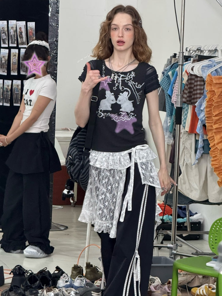 Rabbit Star Print Round Neck Short Sleeve T-Shirt【s0000013087】