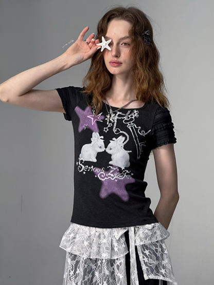 Rabbit Star Print Round Neck Short Sleeve T-Shirt【s0000013087】