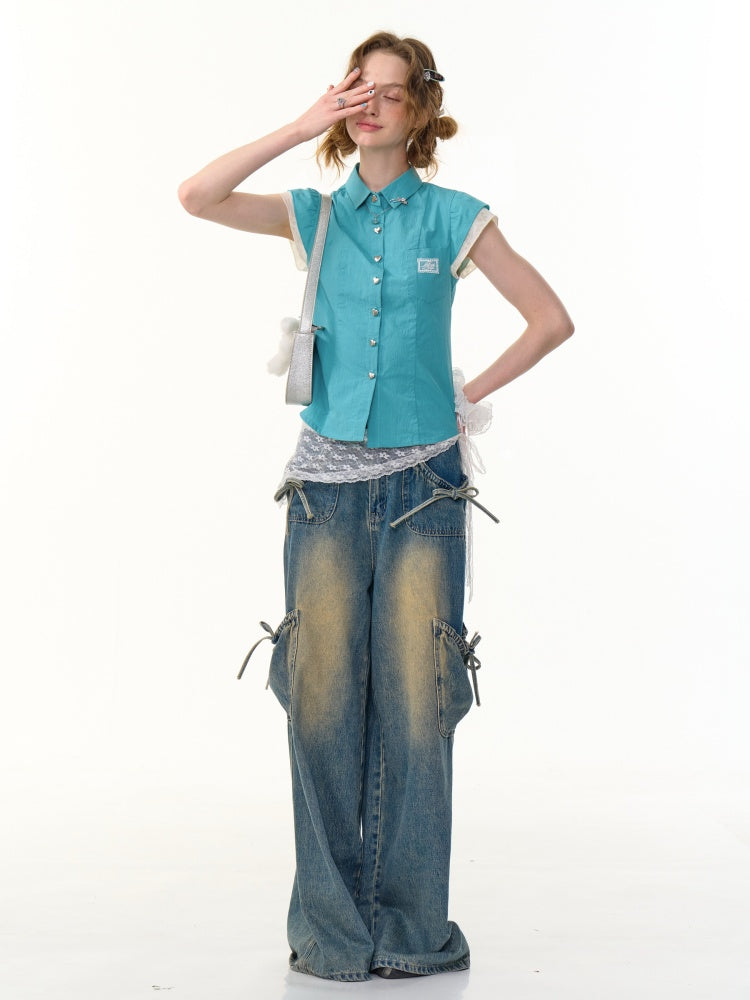 Heart Button French Sleeve Blouse【s0000013089】