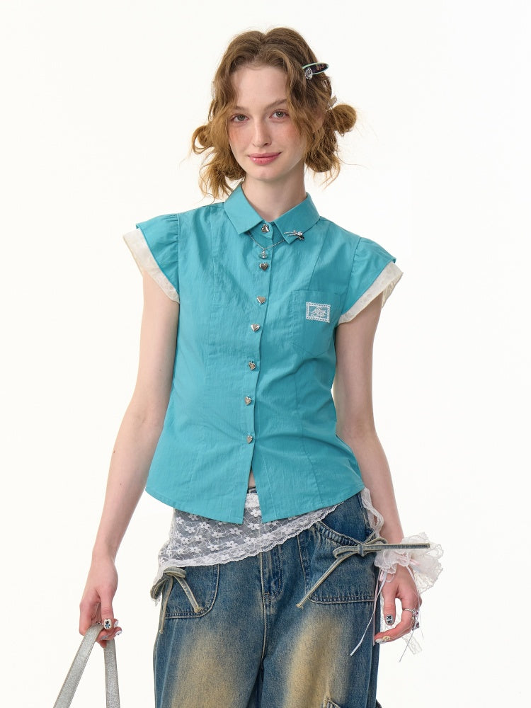 Heart Button French Sleeve Blouse【s0000013089】