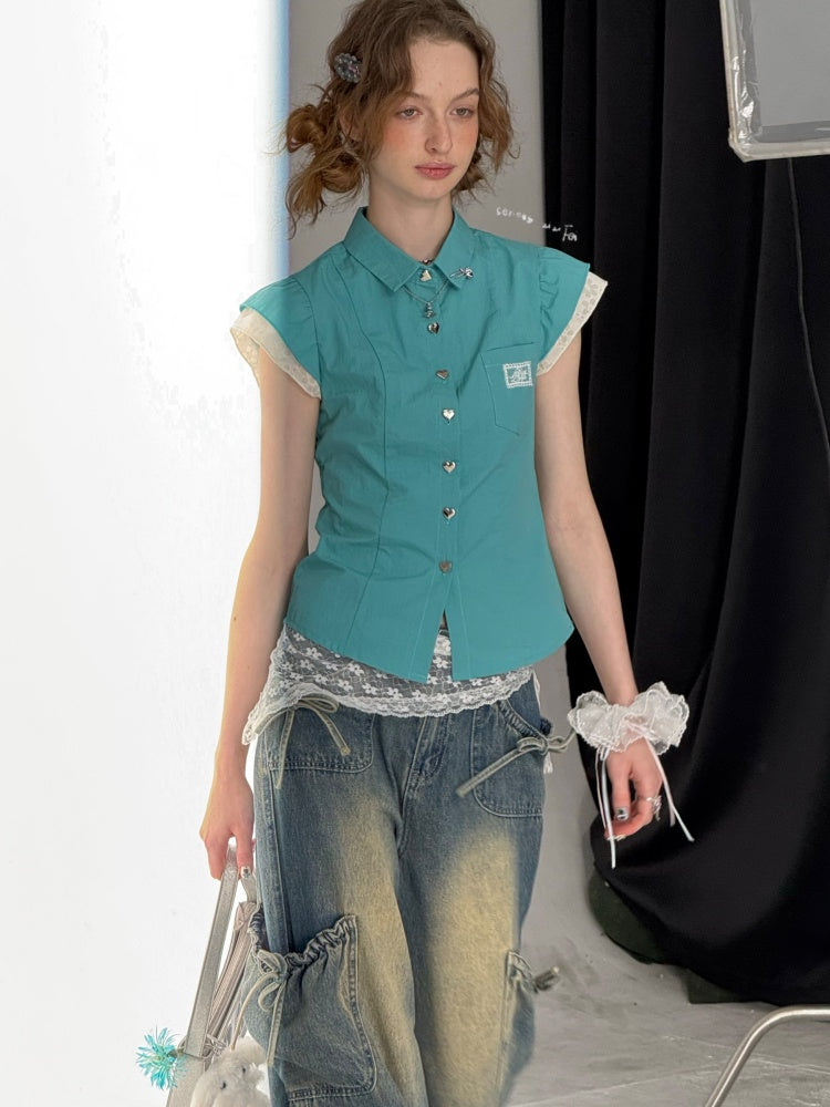 Heart Button French Sleeve Blouse【s0000013089】