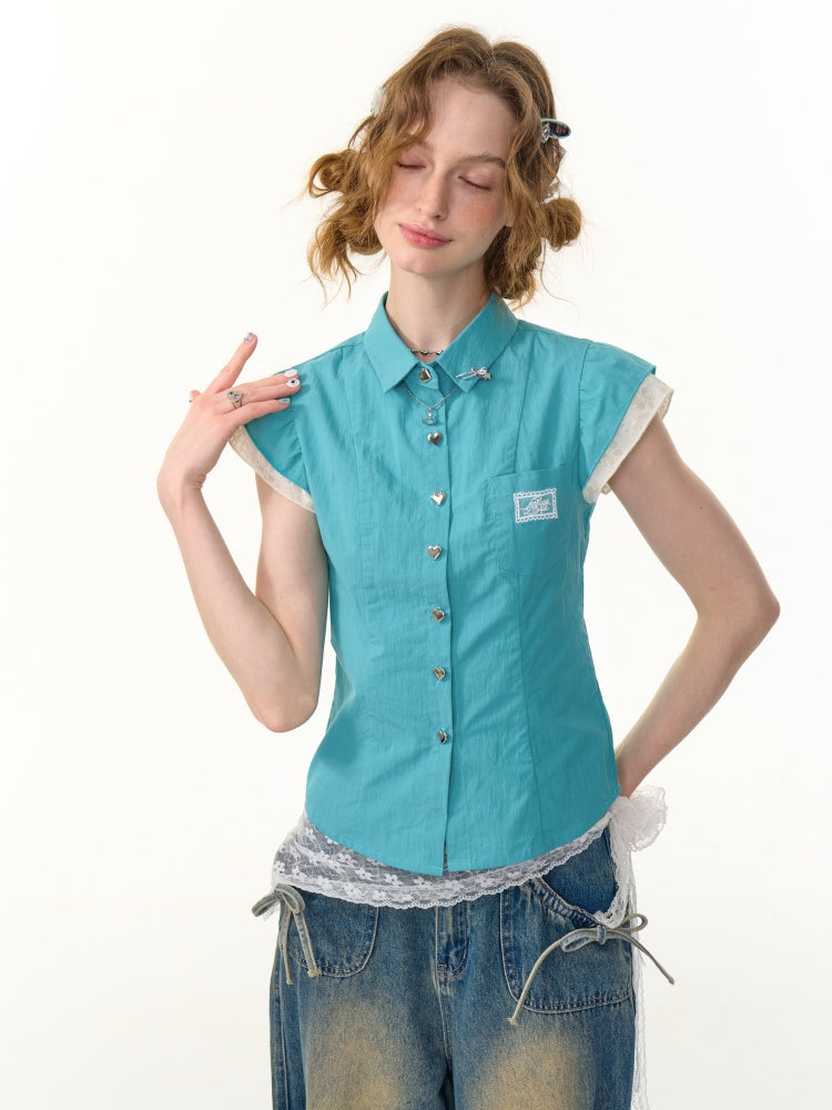 Heart Button French Sleeve Blouse【s0000013089】