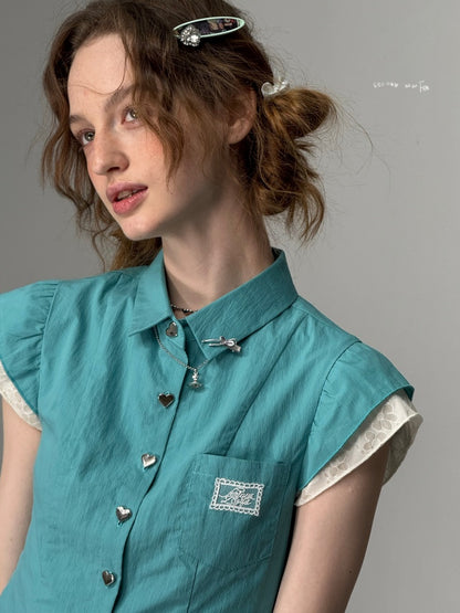 Heart Button French Sleeve Blouse【s0000013089】