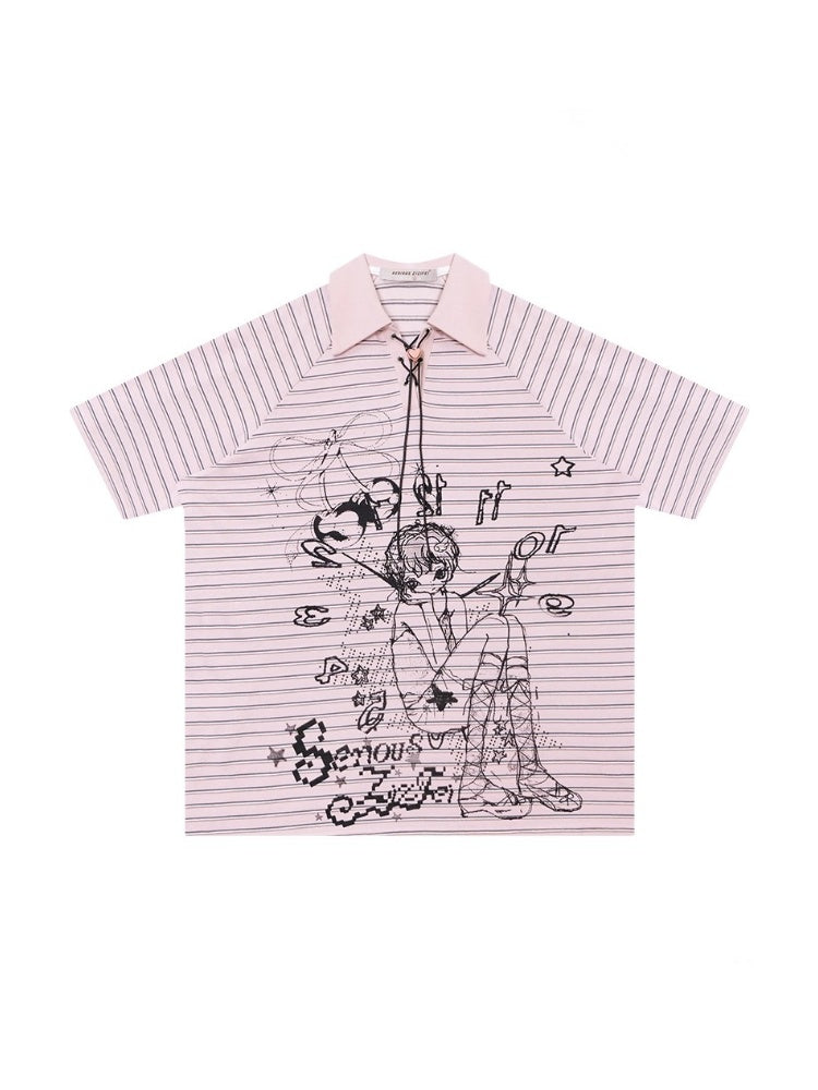 Striped Girl Print Heart Buckle Lace-up Polo Neck Short Sleeve T-Shirt【s0000013090】