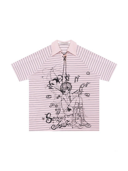 Striped Girl Print Heart Buckle Lace-up Polo Neck Short Sleeve T-Shirt【s0000013090】