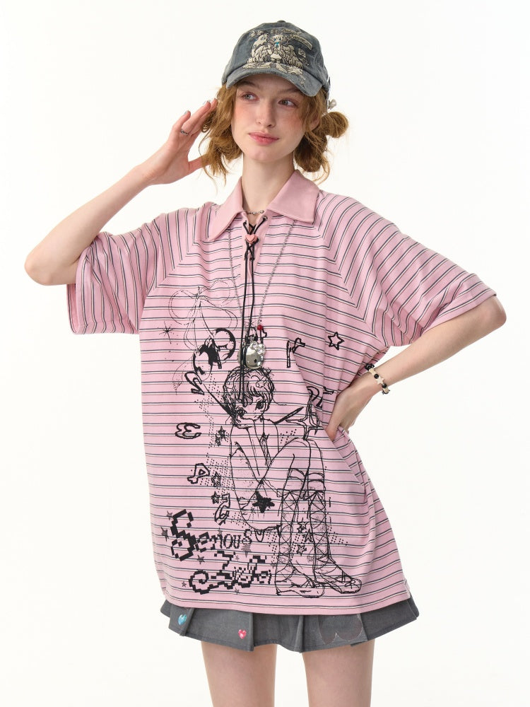 Striped Girl Print Heart Buckle Lace-up Polo Neck Short Sleeve T-Shirt【s0000013090】