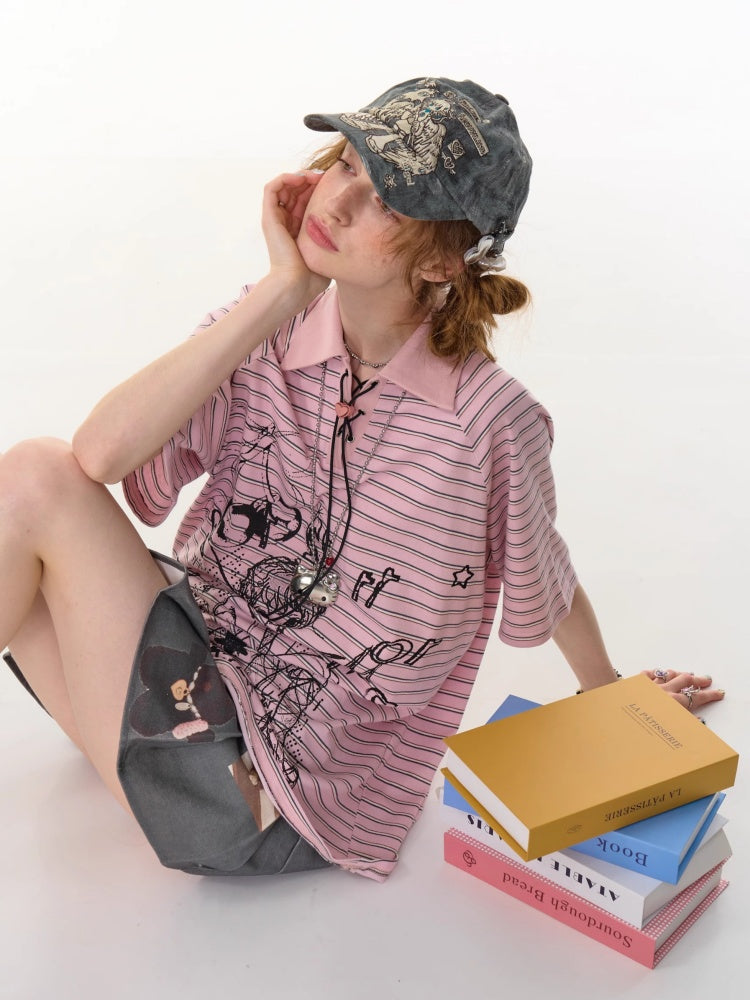 Striped Girl Print Heart Buckle Lace-up Polo Neck Short Sleeve T-Shirt【s0000013090】