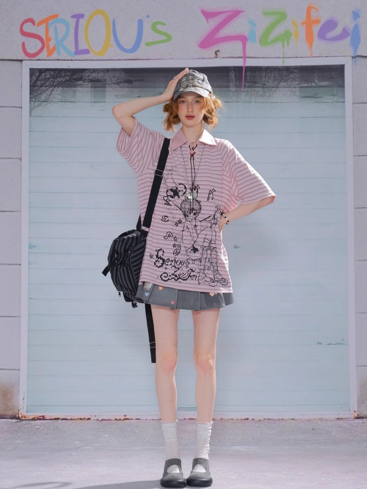 Striped Girl Print Heart Buckle Lace-up Polo Neck Short Sleeve T-Shirt【s0000013090】