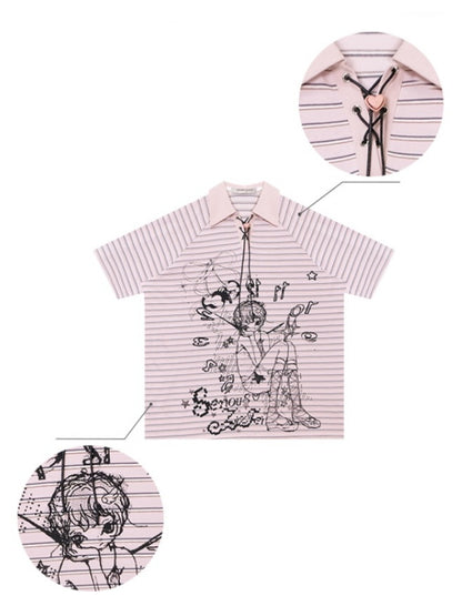 Striped Girl Print Heart Buckle Lace-up Polo Neck Short Sleeve T-Shirt【s0000013090】