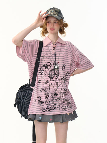 Striped Girl Print Heart Buckle Lace-up Polo Neck Short Sleeve T-Shirt【s0000013090】