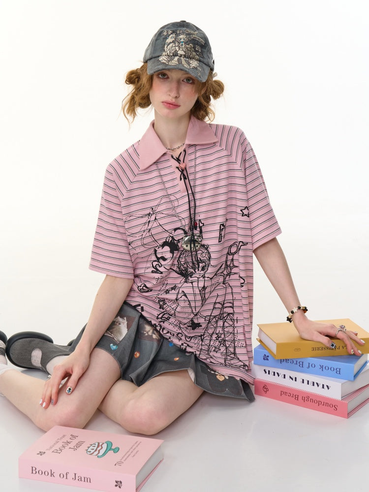 Striped Girl Print Heart Buckle Lace-up Polo Neck Short Sleeve T-Shirt【s0000013090】