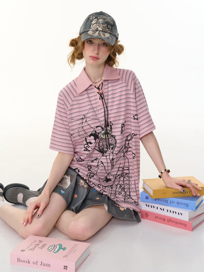 Striped Girl Print Heart Buckle Lace-up Polo Neck Short Sleeve T-Shirt【s0000013090】