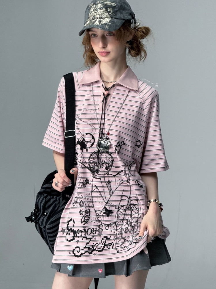 Striped Girl Print Heart Buckle Lace-up Polo Neck Short Sleeve T-Shirt【s0000013090】