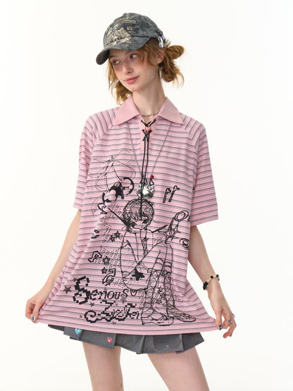 Striped Girl Print Heart Buckle Lace-up Polo Neck Short Sleeve T-Shirt【s0000013090】