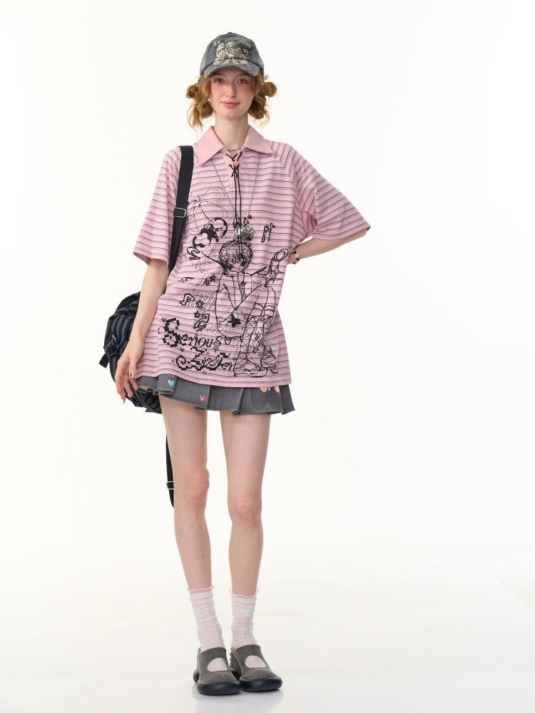 Striped Girl Print Heart Buckle Lace-up Polo Neck Short Sleeve T-Shirt【s0000013090】