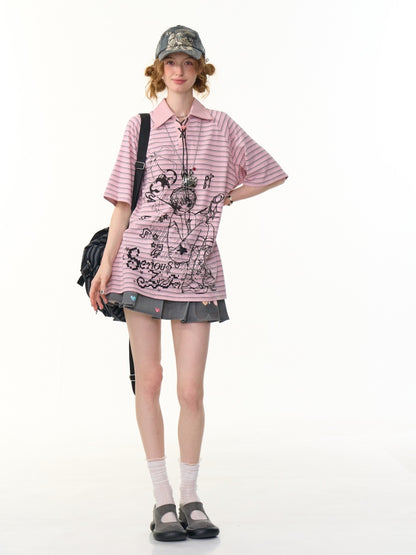 Striped Girl Print Heart Buckle Lace-up Polo Neck Short Sleeve T-Shirt【s0000013090】