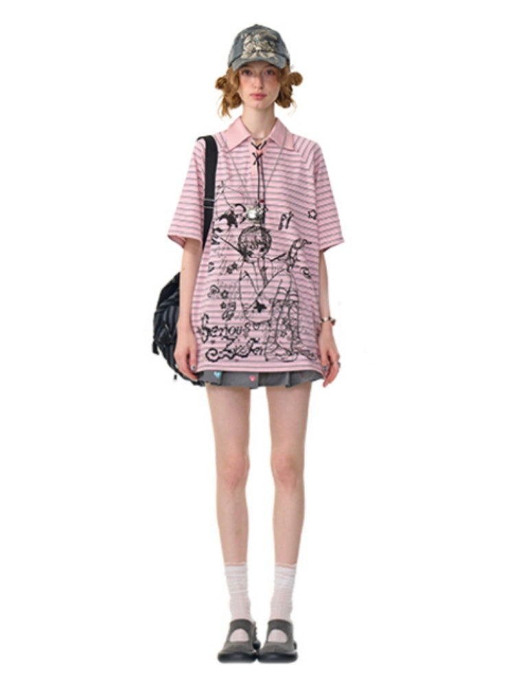 Striped Girl Print Heart Buckle Lace-up Polo Neck Short Sleeve T-Shirt【s0000013090】
