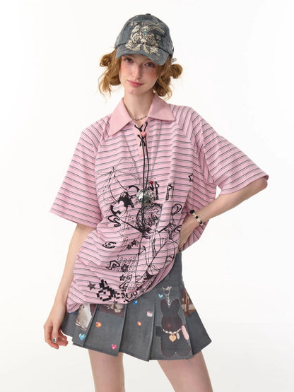 Striped Girl Print Heart Buckle Lace-up Polo Neck Short Sleeve T-Shirt【s0000013090】