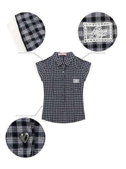 Heart Button Gingham Check French Sleeve Blouse【s0000013091】