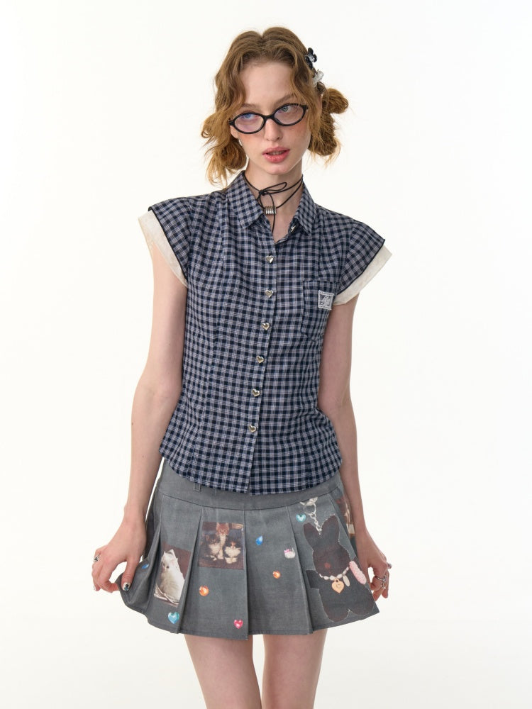 Heart Button Gingham Check French Sleeve Blouse【s0000013091】