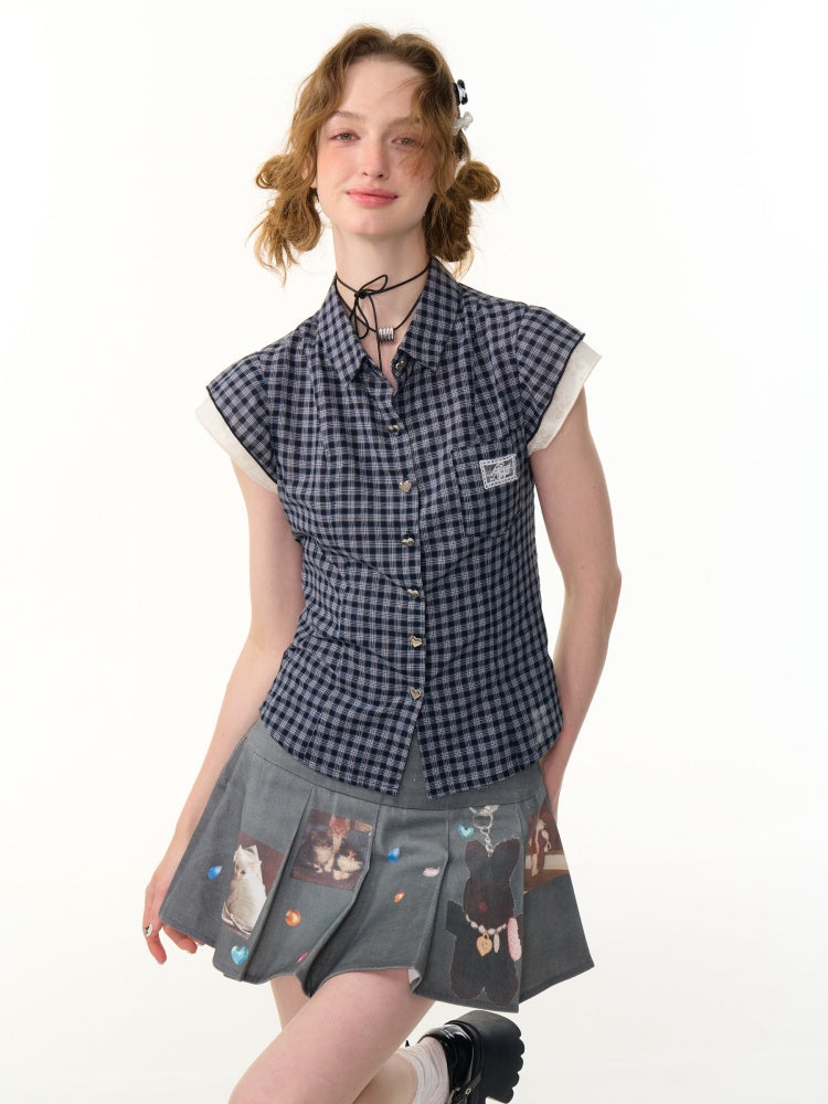 Heart Button Gingham Check French Sleeve Blouse【s0000013091】