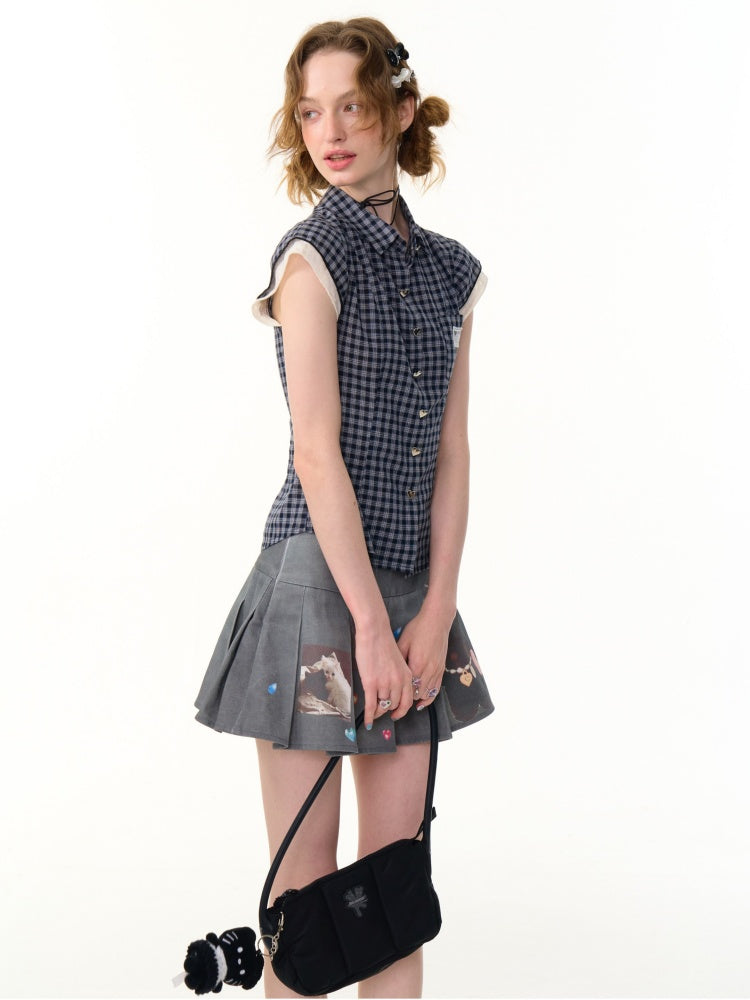 Heart Button Gingham Check French Sleeve Blouse【s0000013091】