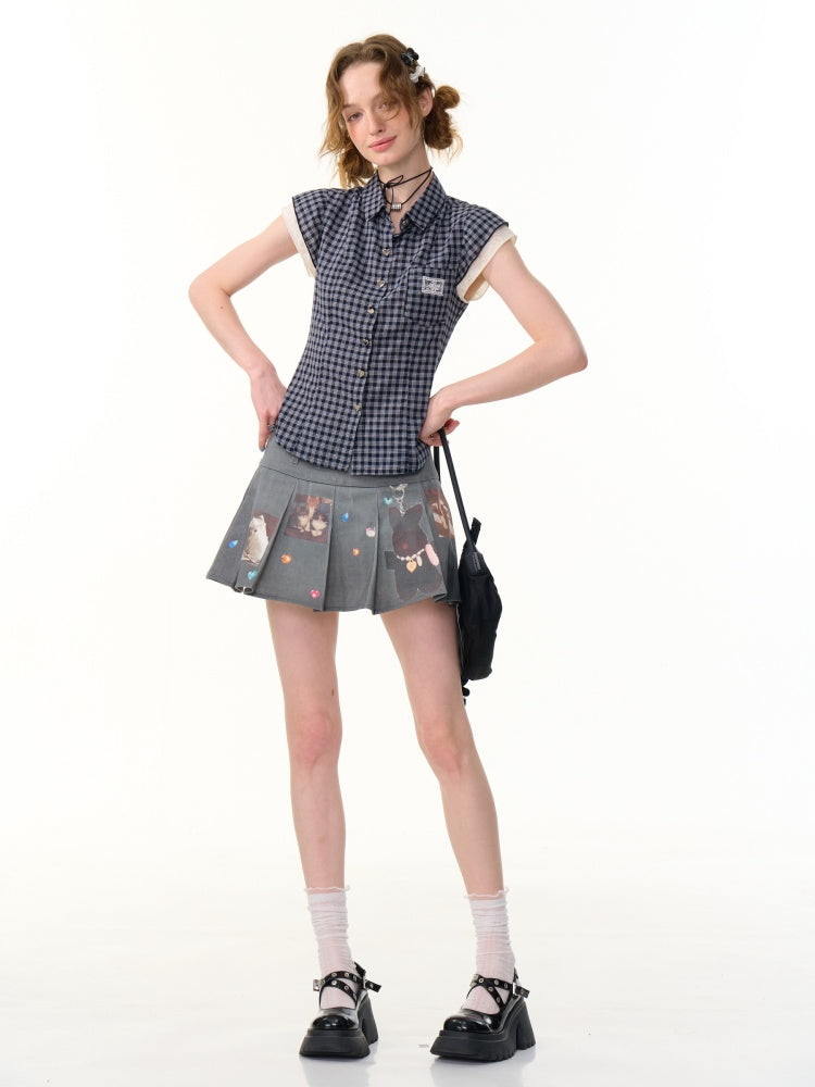 Heart Button Gingham Check French Sleeve Blouse【s0000013091】