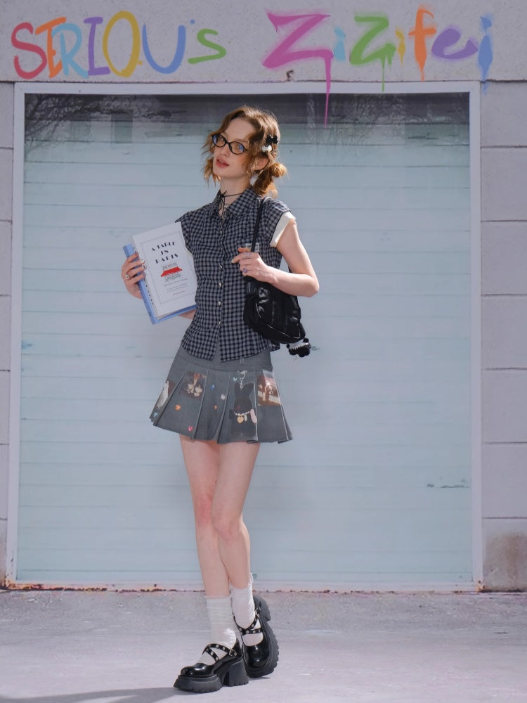 Heart Button Gingham Check French Sleeve Blouse【s0000013091】