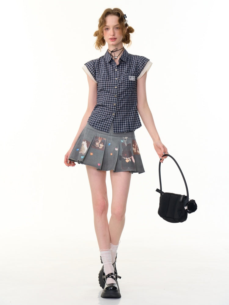 Heart Button Gingham Check French Sleeve Blouse【s0000013091】