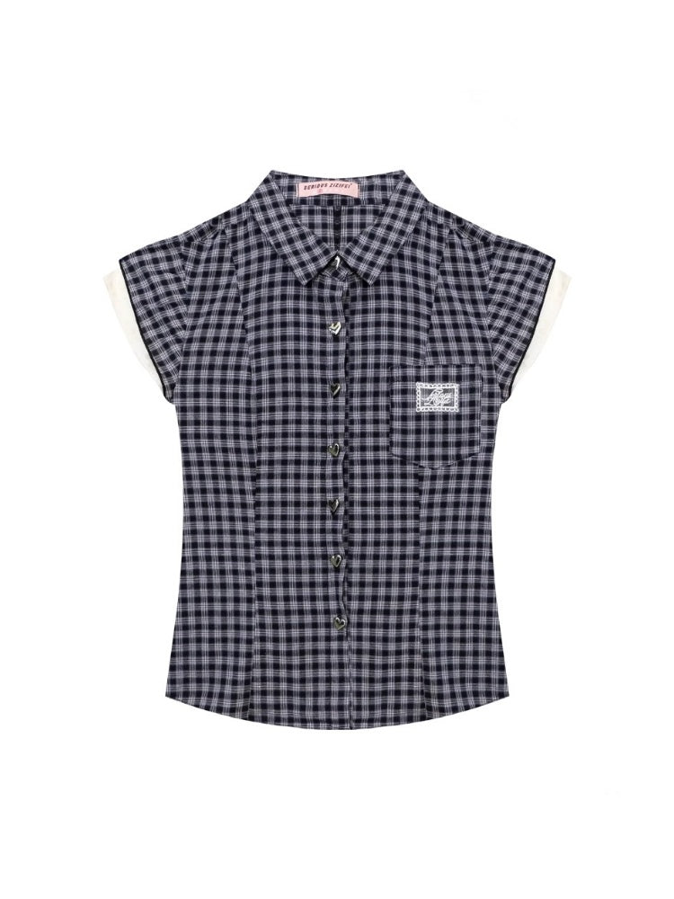 Heart Button Gingham Check French Sleeve Blouse【s0000013091】